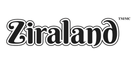 Ziraland logo with a black, stylized font and a white outline; the letters have decorative swirls.