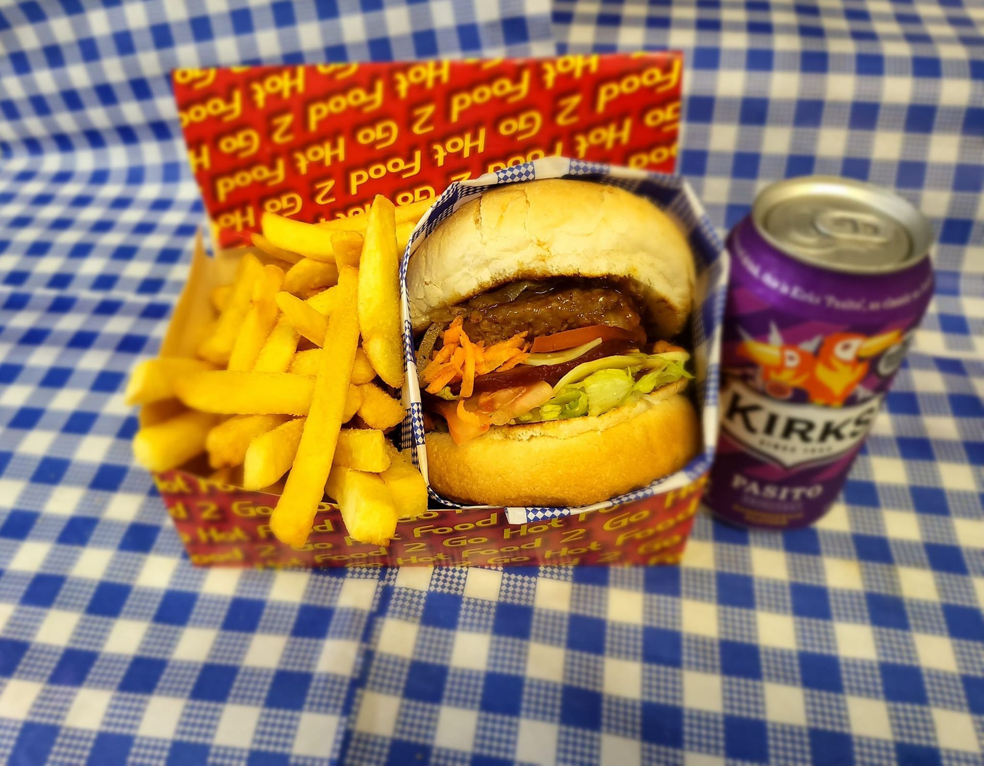 Hamburger Meal With Fries and a Kirks Pasito Drink — Boundary Street Fish & Burger Bar in Railway Estate, QLD