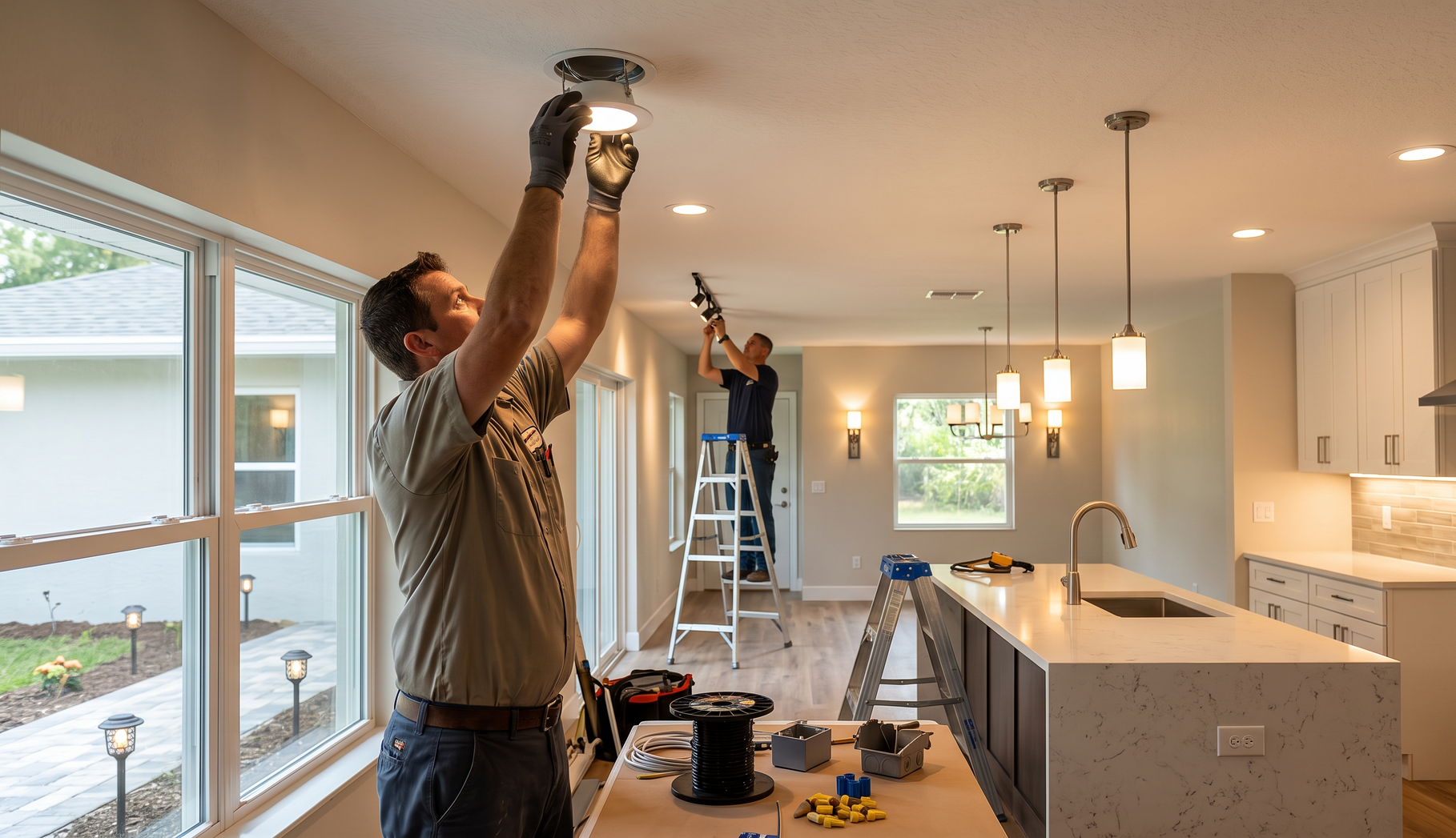 Two workers installing ceiling lights in a bright kitchen during a home renovation