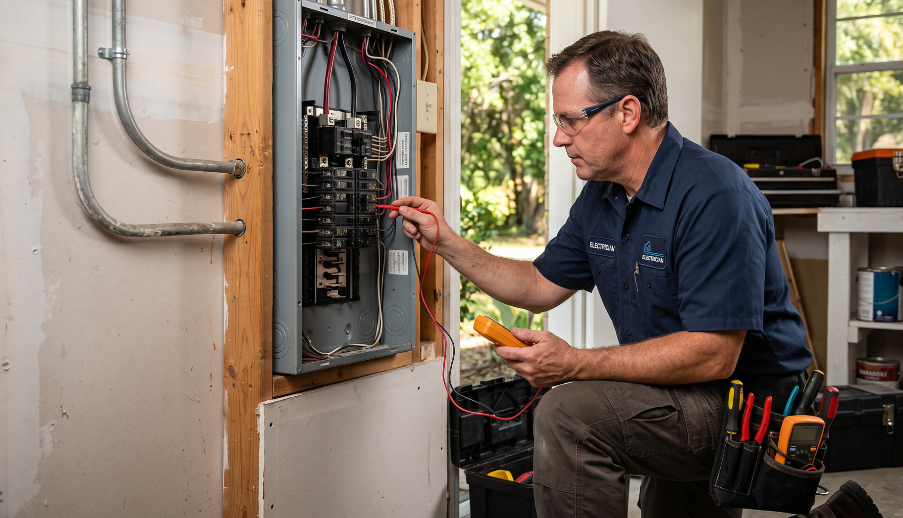 Electrician inspecting an open circuit breaker panel in a house, using a tester and wearing a tool belt.