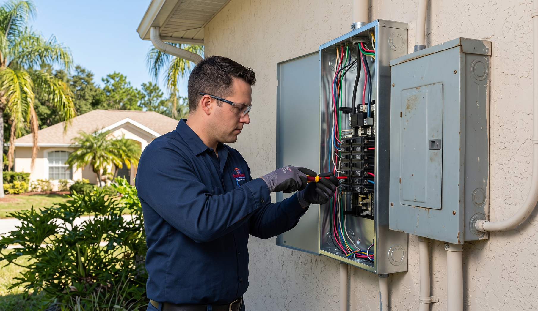 Technician inspecting open electrical panel on a house exterior wall