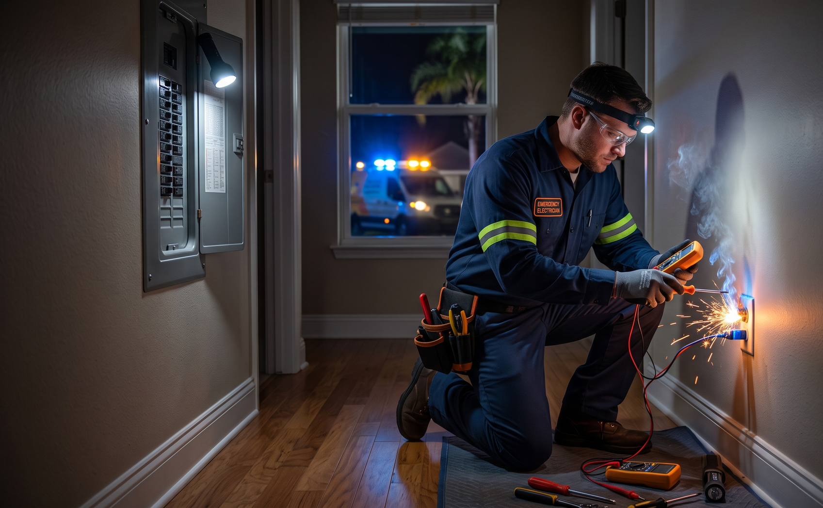 Electrician kneeling by a wall outlet, repairing exposed wiring with sparks in a dim hallway.
