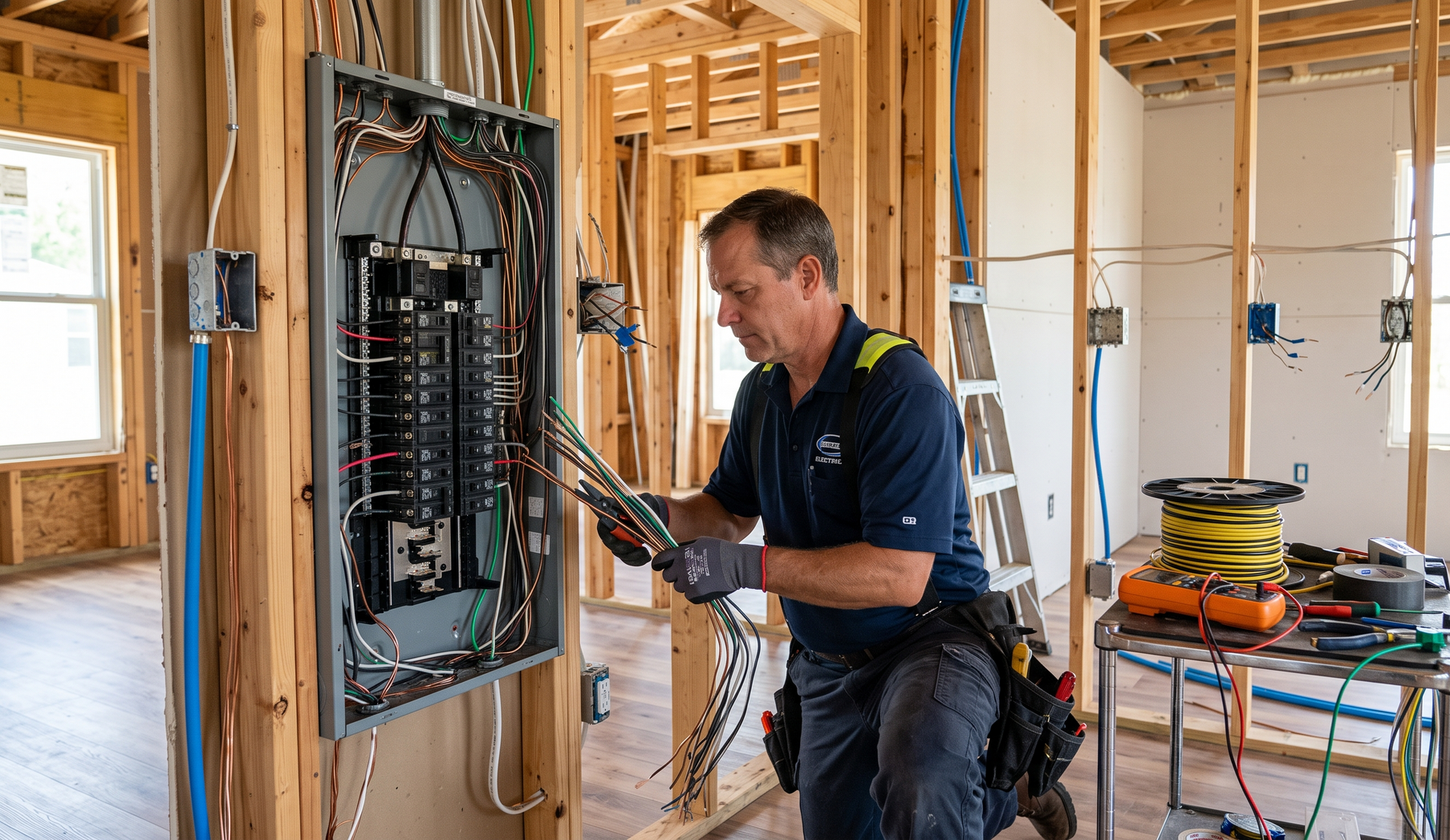 Electrician working on an open circuit breaker panel inside a framed house under construction