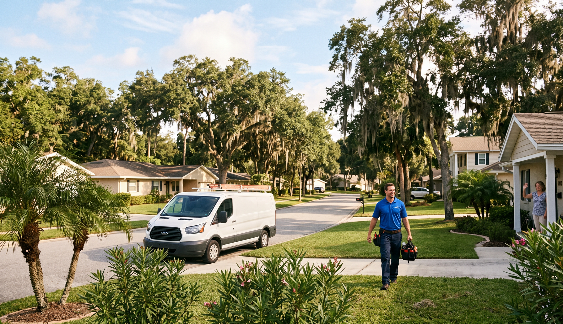 Suburban street with a white van parked and a person walking on the sidewalk near houses and trees