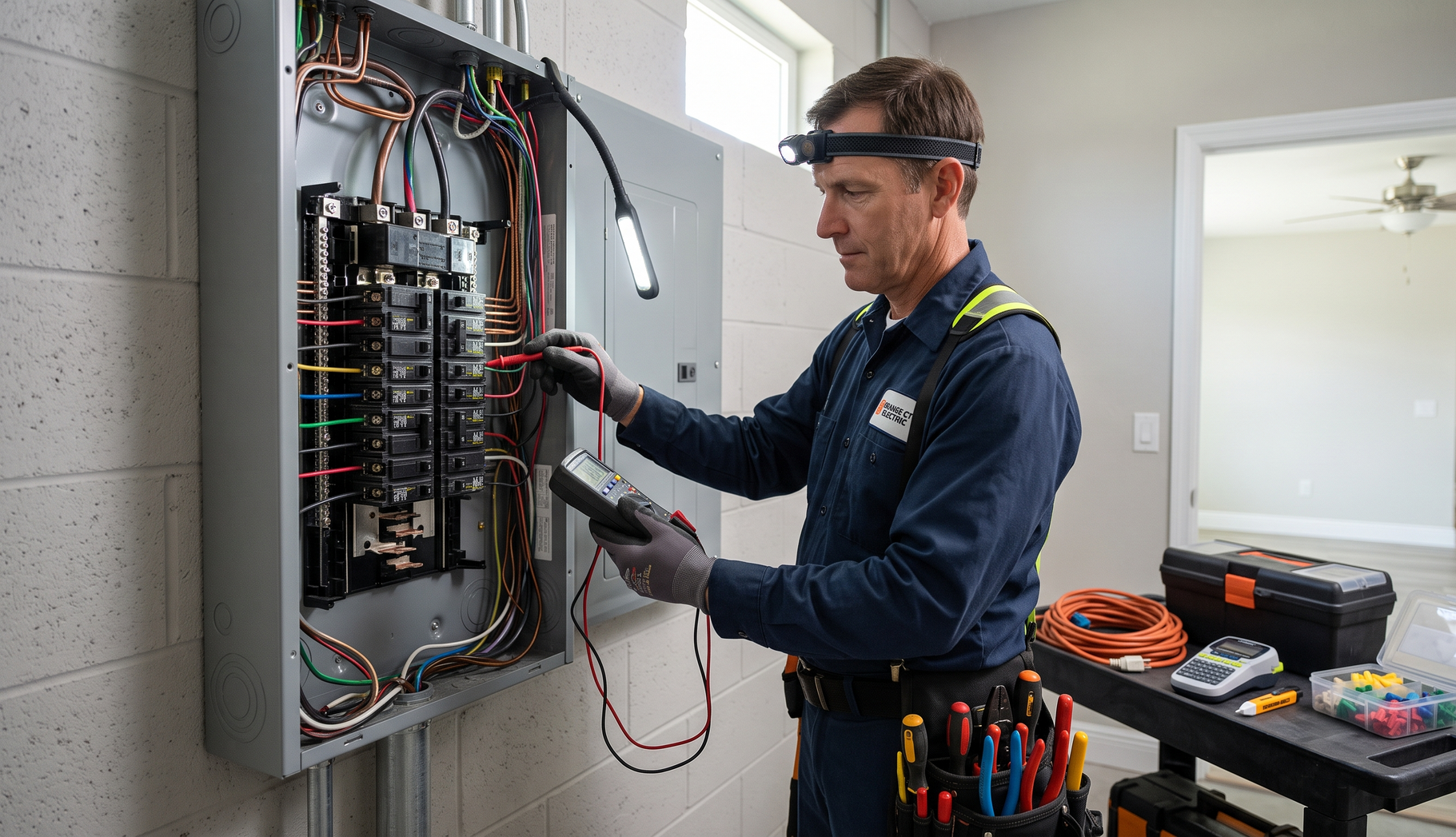 Technician inspecting an open electrical panel with tools in a bright utility room.