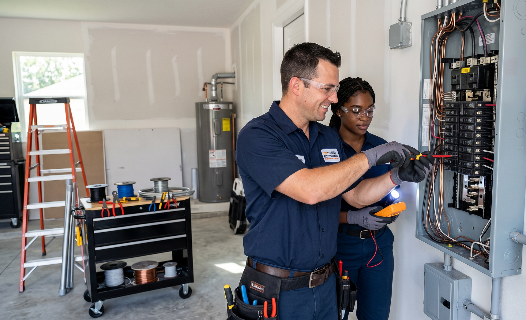 Two electricians inspecting an open circuit breaker panel in a garage, with tools and a ladder nearby.