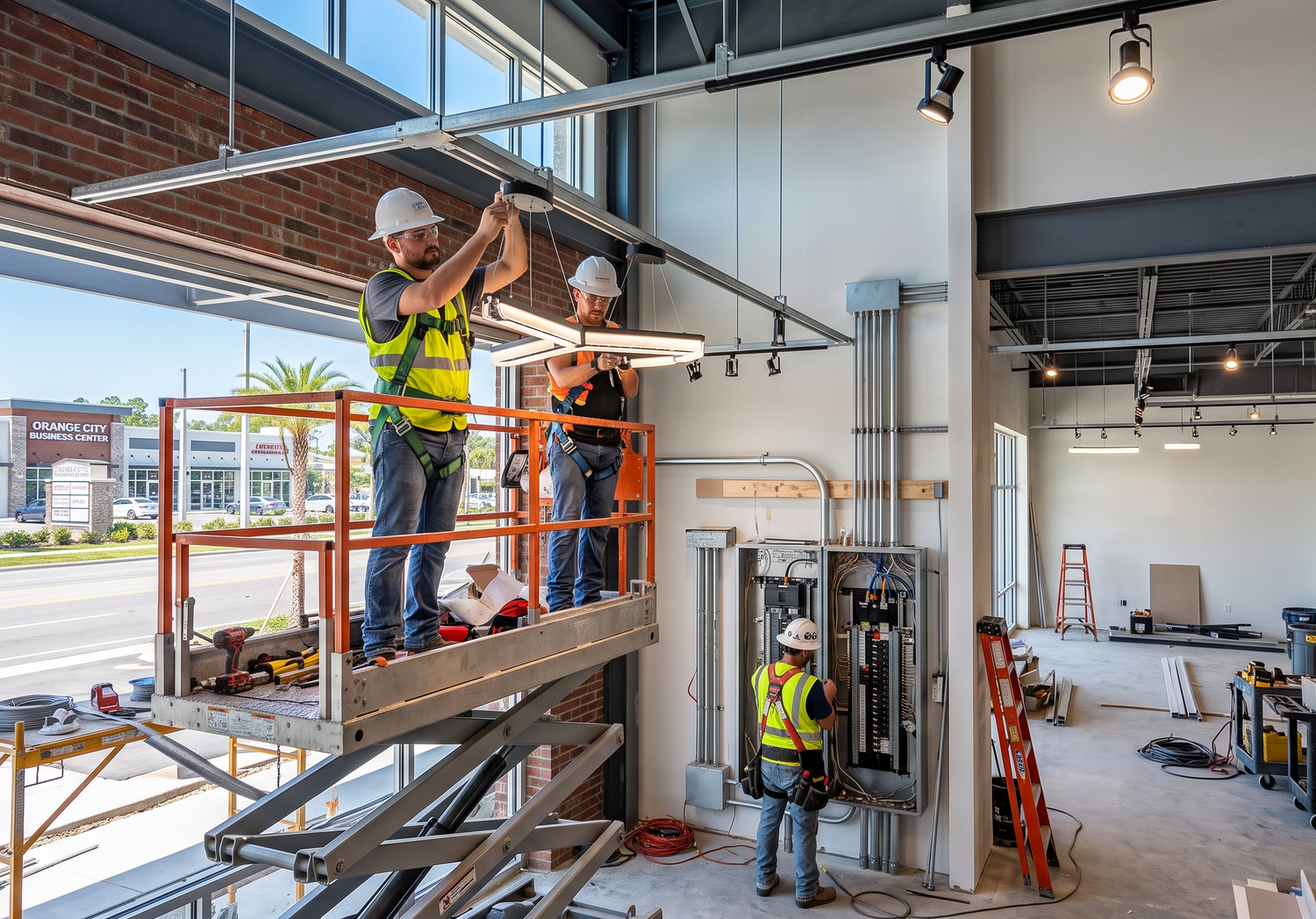 Workers on scaffolding installing metal framing inside a bright industrial construction site