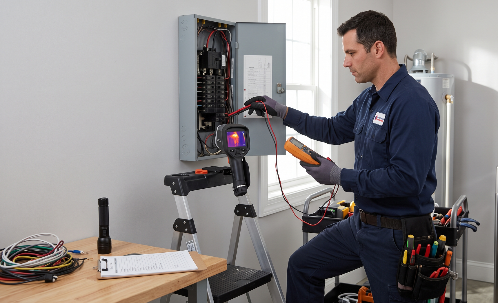Technician in workshop wiring an open wall-mounted electrical panel beside a tripod-mounted camera