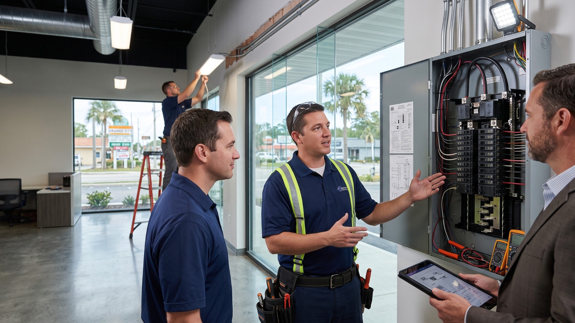 Electrician explaining a circuit panel to a colleague in a garage-like workshop.