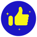 Yellow thumbs-up icon with sparkles inside a blue circle