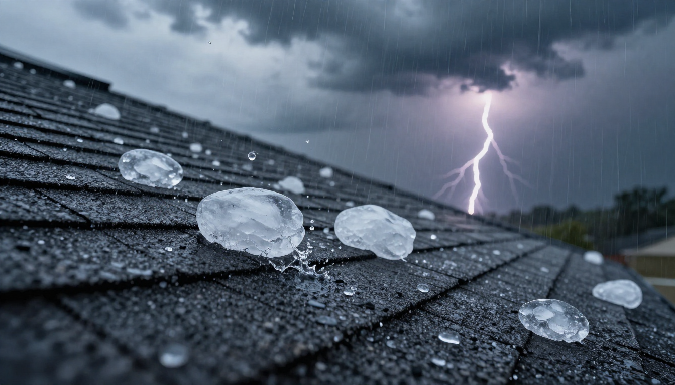 Close up of hail damage on asphalt shingles