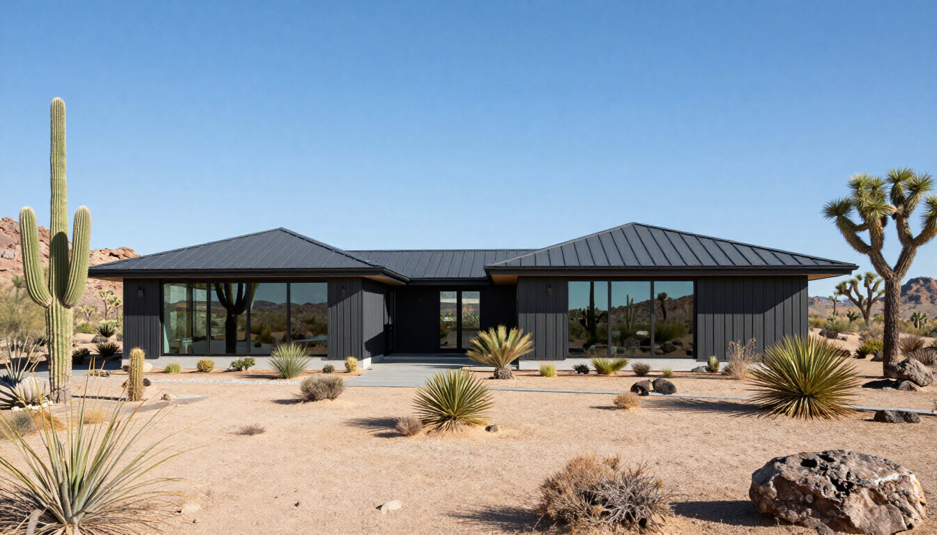 A modern Arizona home featuring a durable metal roof under a bright blue sky.