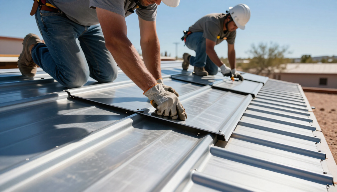 Workers installing metal roofing panels on a roof under a clear sky