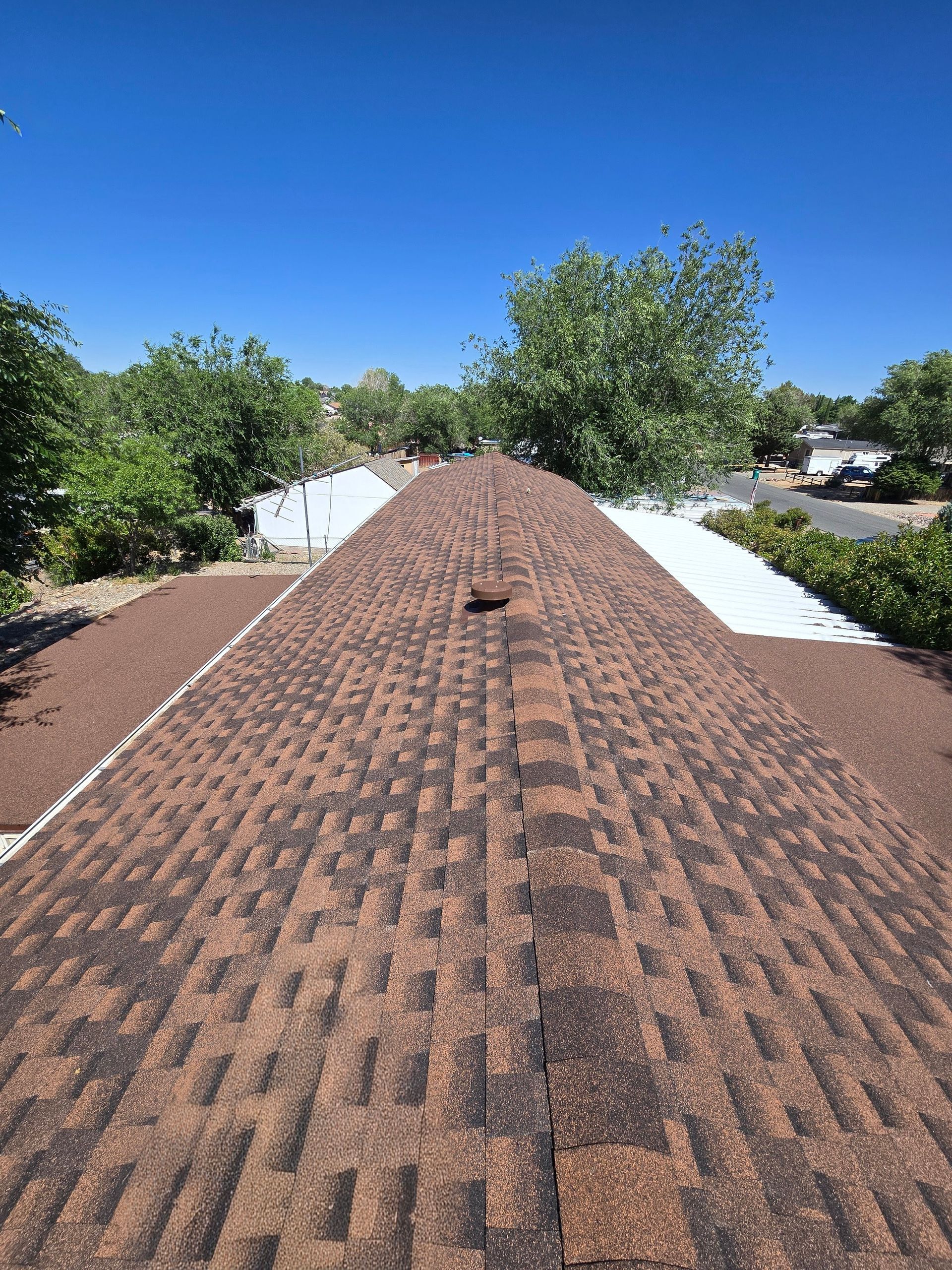 A rooftop with brown shingles, a small vent, and trees against a bright blue sky.