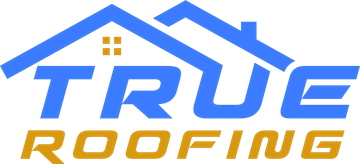 Logo for True Roofing with blue house icons above the blue letters spelling "TRUE" and gold letters spelling "ROOFING".