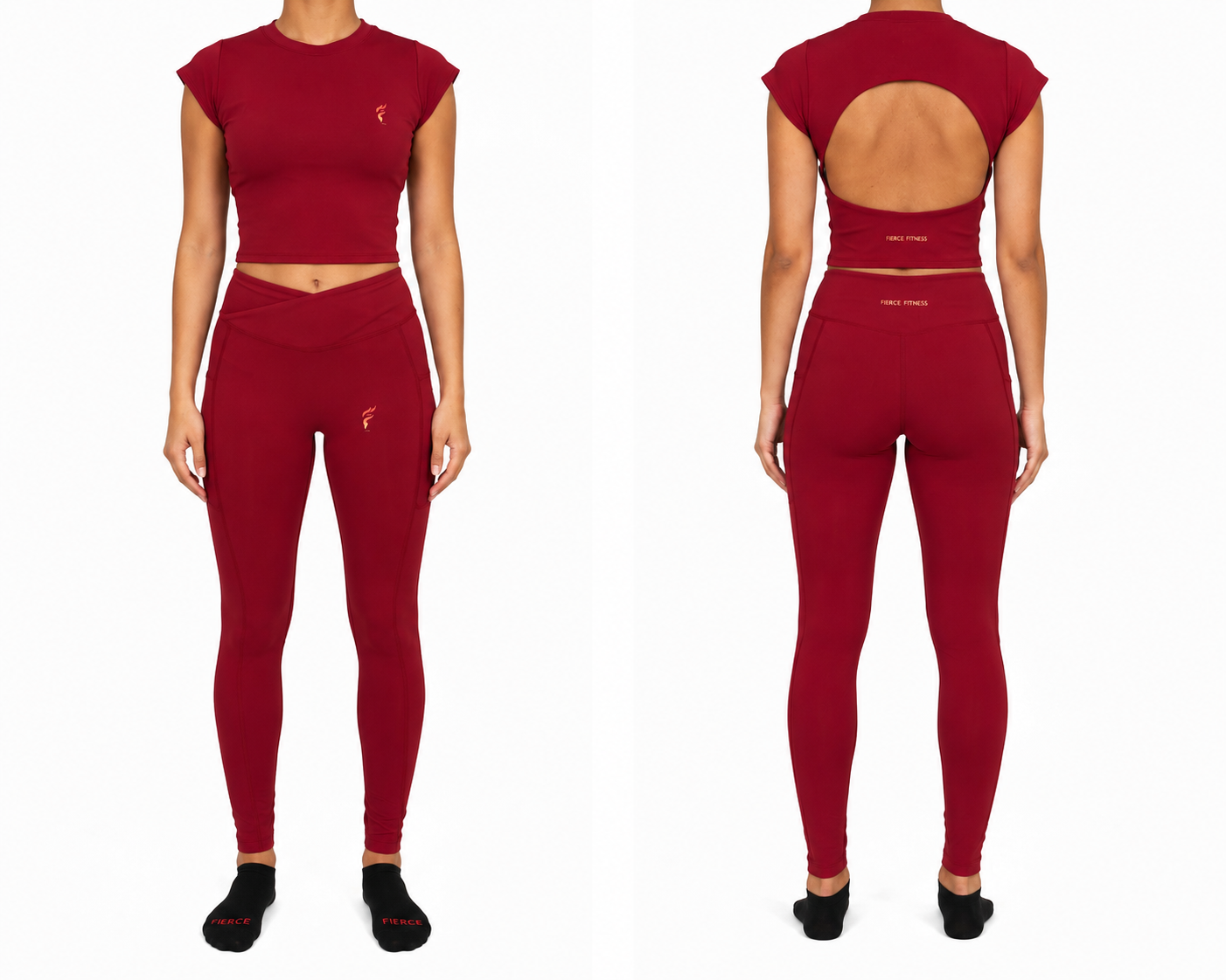Front and back views of a person in a red athletic crop top and leggings on a white background