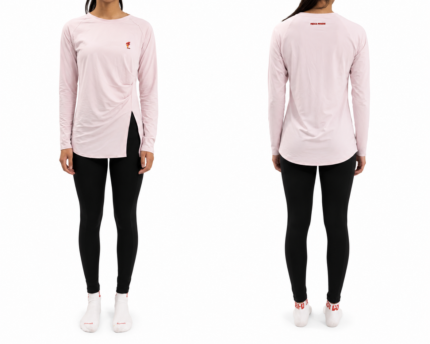 Front and back view of a person wearing a light pink long-sleeve top, black leggings, and white sneakers.