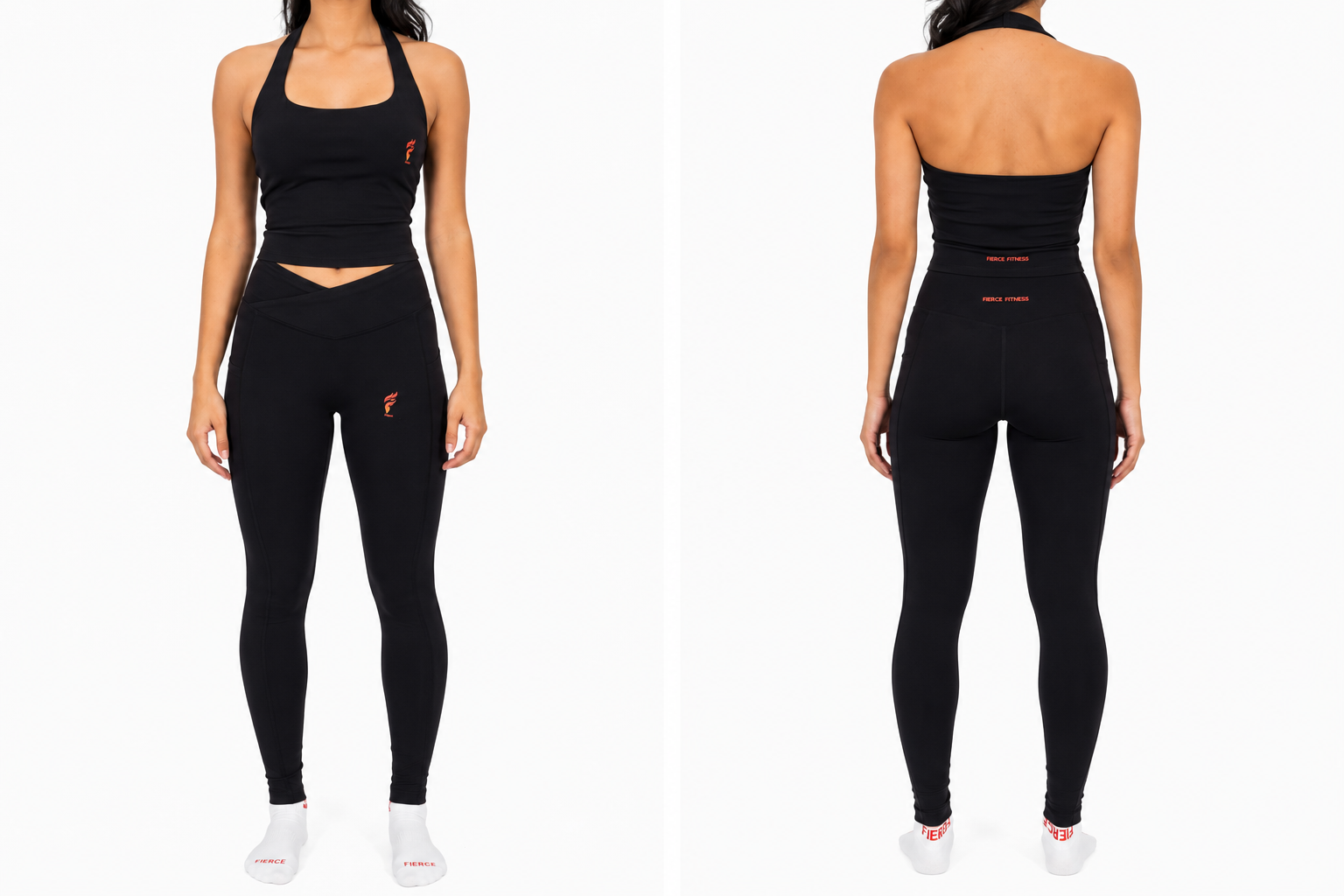 Front and back view of a person wearing a black sports bra and leggings on a white background