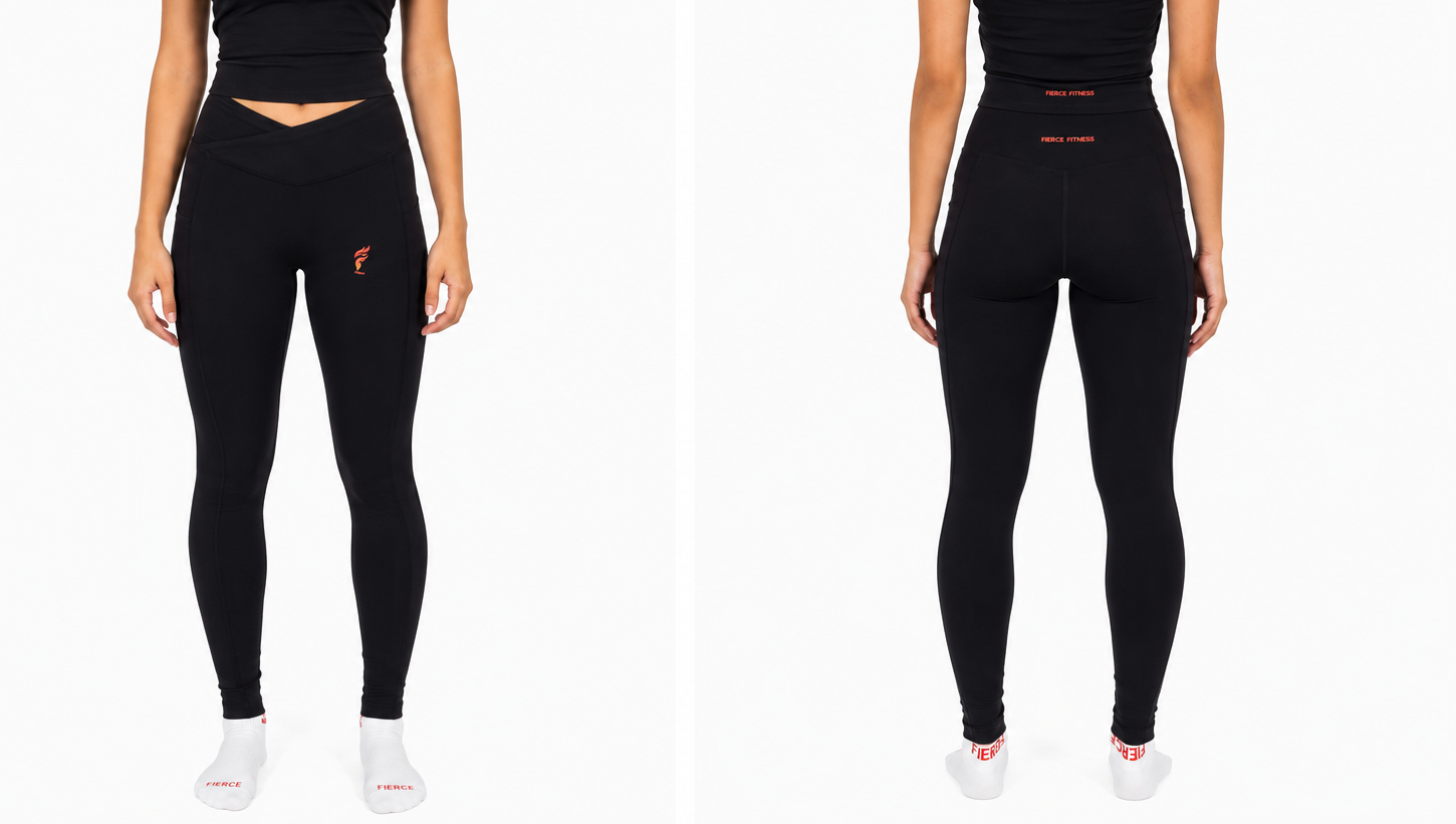 Front and back views of black athletic leggings and a black crop top on a white background