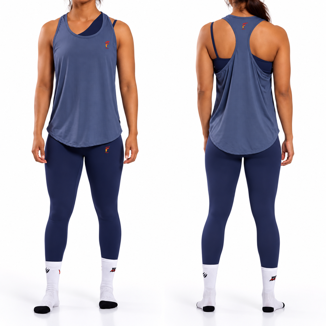 Front and back views of a person in navy athletic wear with white socks against a white background
