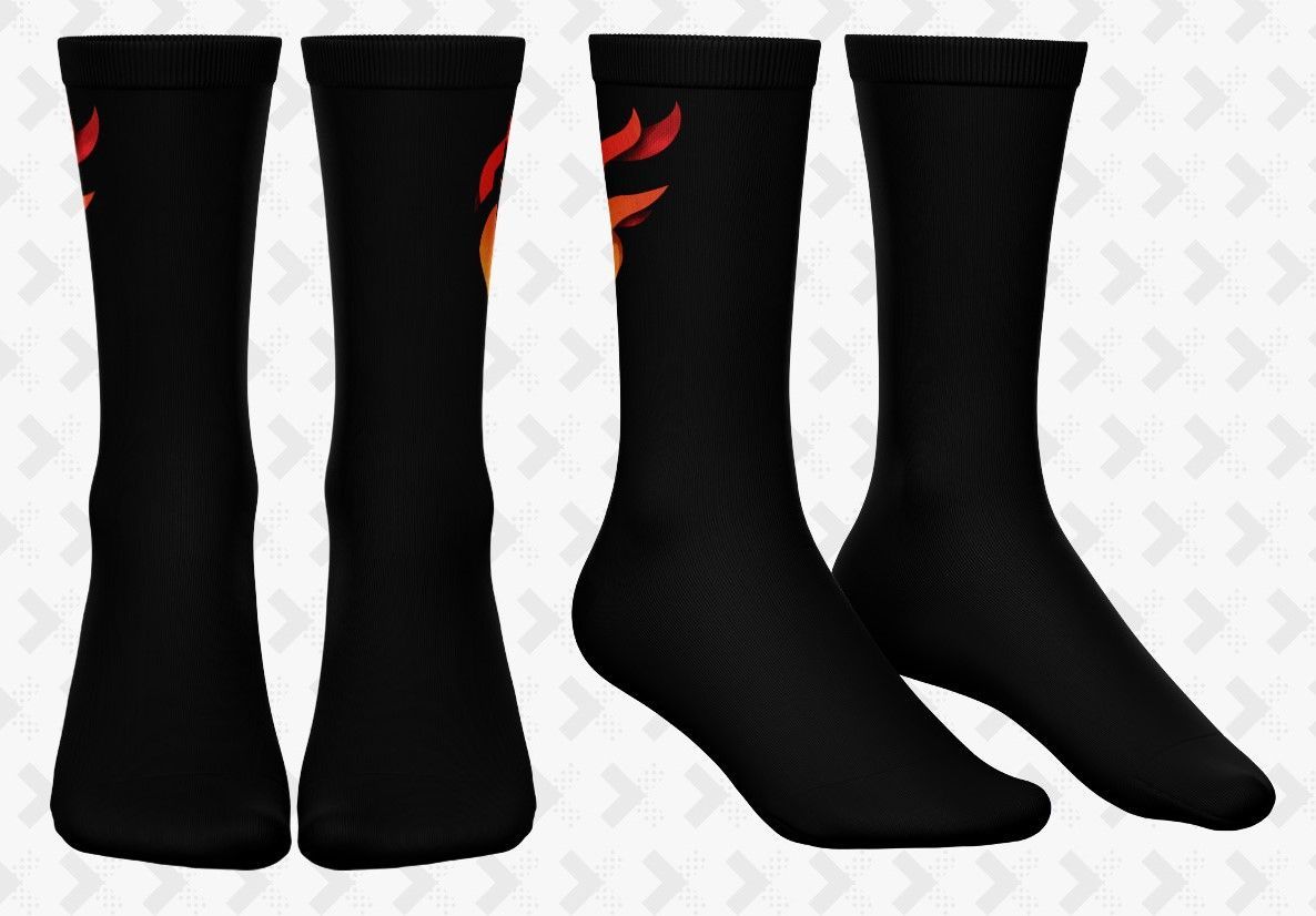 Black knee-high socks with red accents shown from front and side on a white background