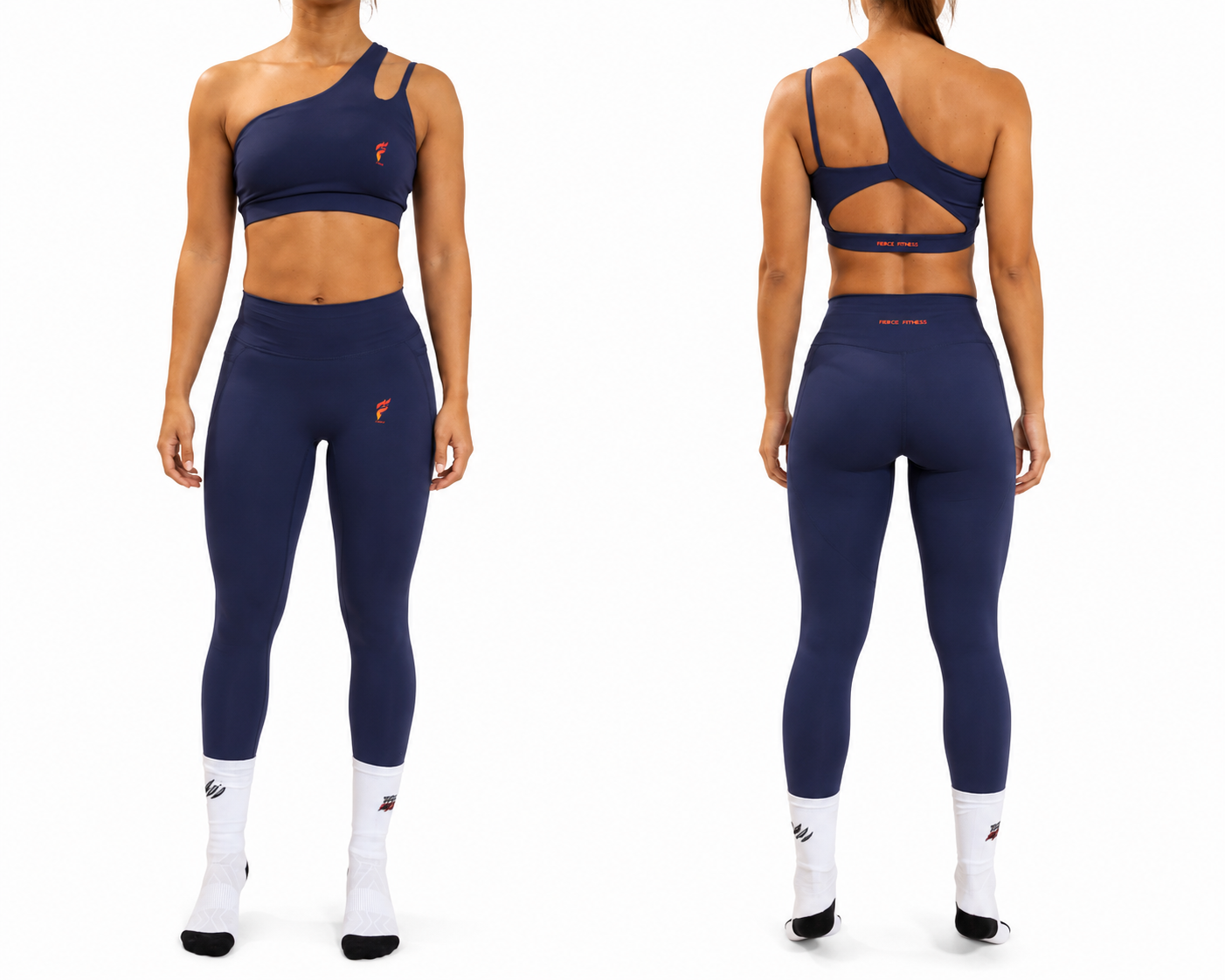 Front and back views of a model in navy athletic wear, white socks, and sneakers on a white background