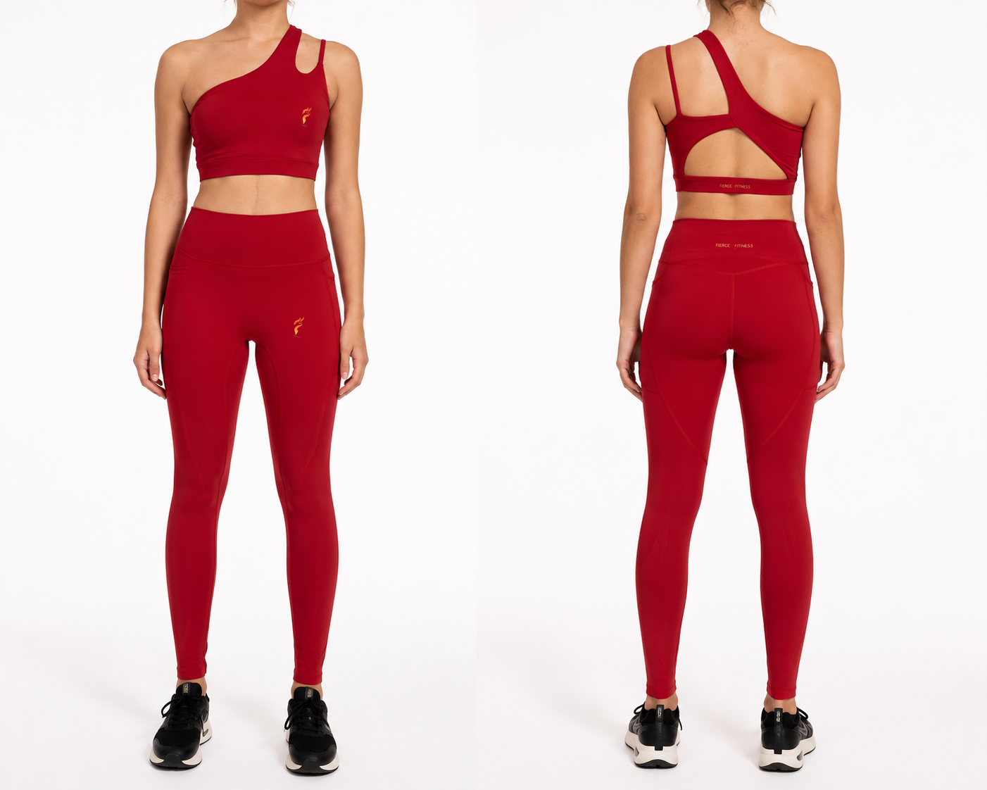 Front and back view of a model in a red one-shoulder athletic outfit and black sneakers