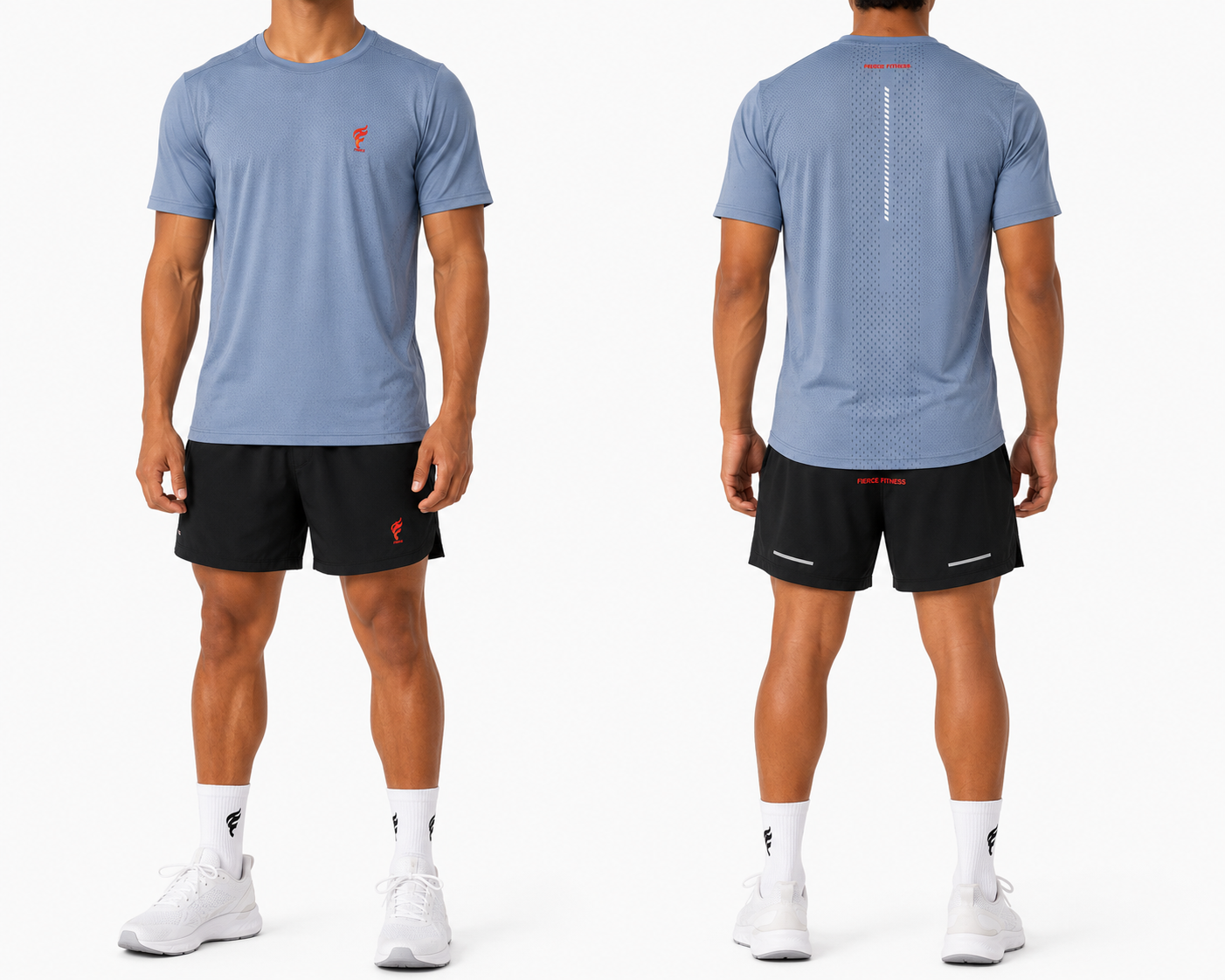 Front and back views of a man in a blue T-shirt, black shorts, and white sneakers.