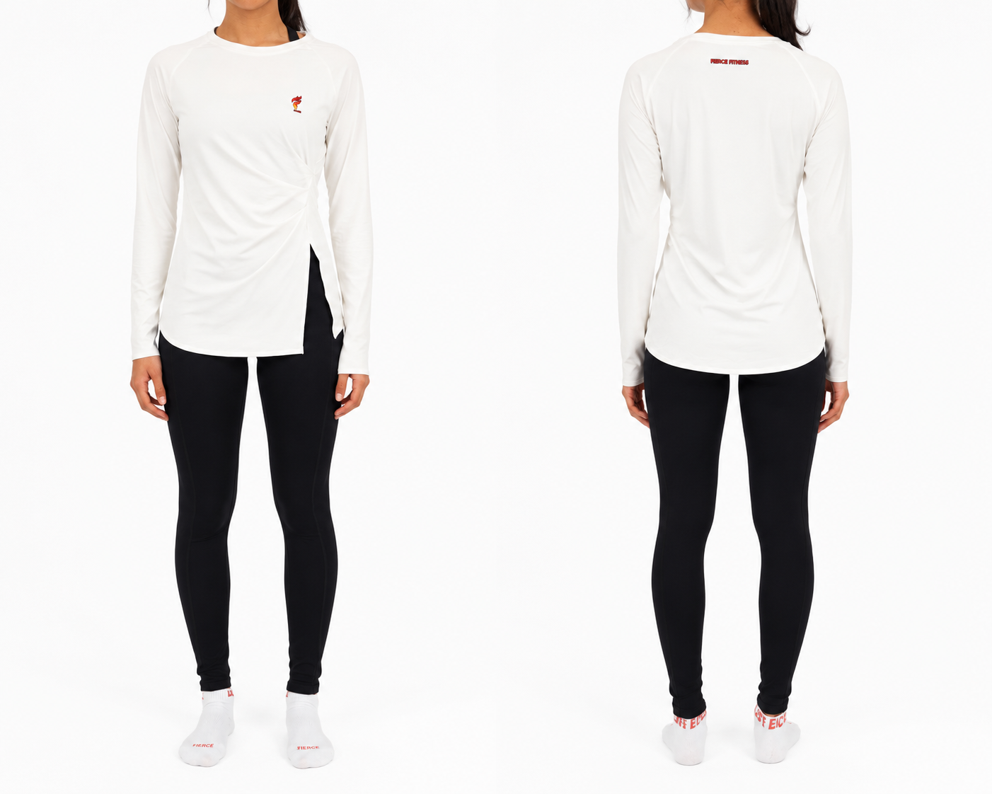 Front and back views of a white long-sleeve top with black pants on a plain white background