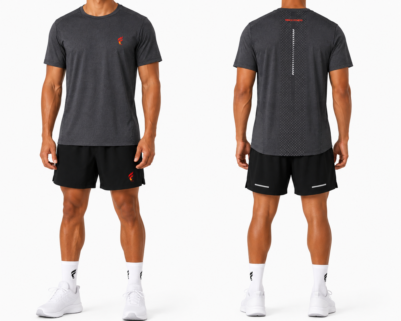 Front and back views of a model wearing a dark gray athletic T-shirt and black shorts on a white background