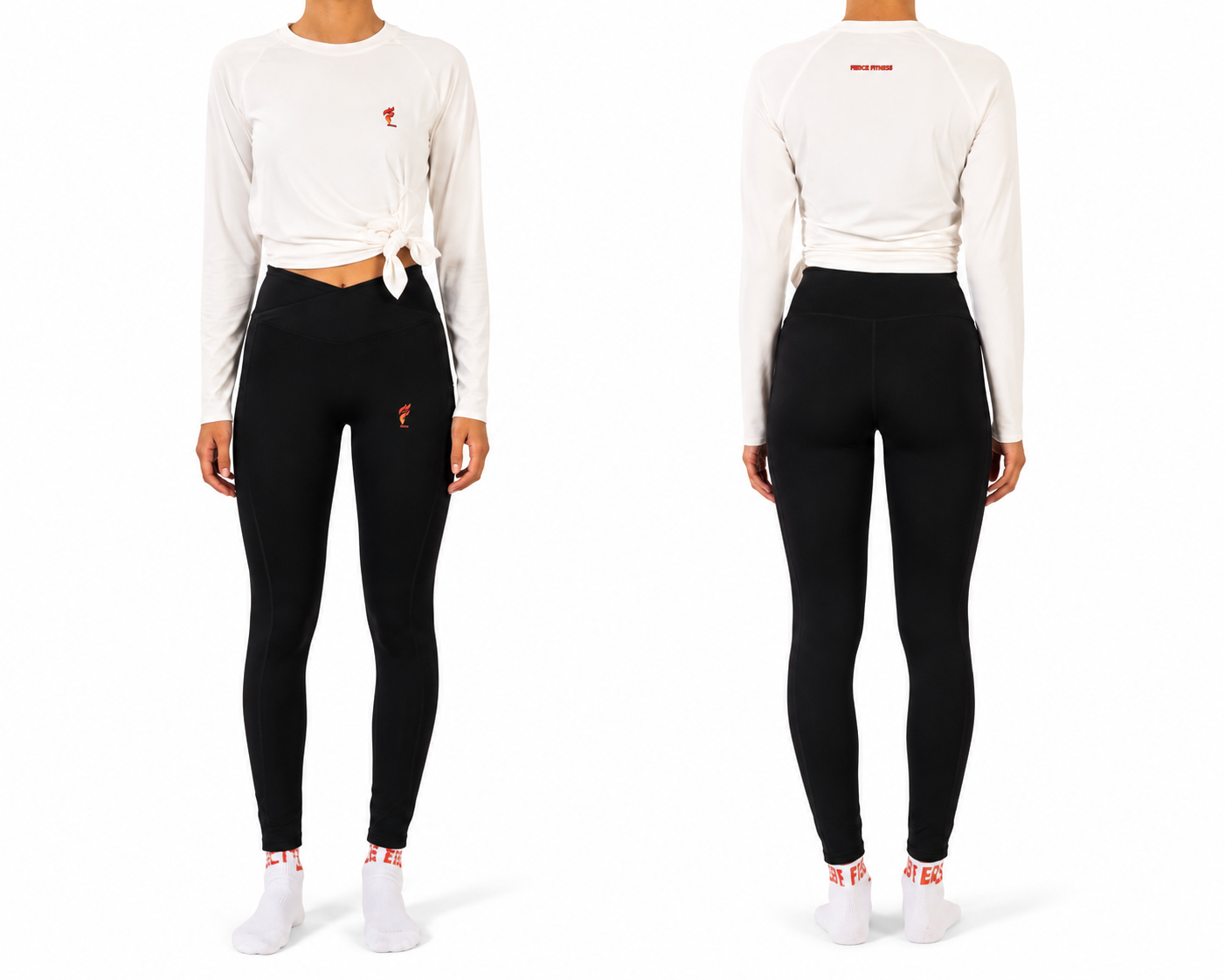 Front and back views of a white long-sleeve top with black pants on a plain white background