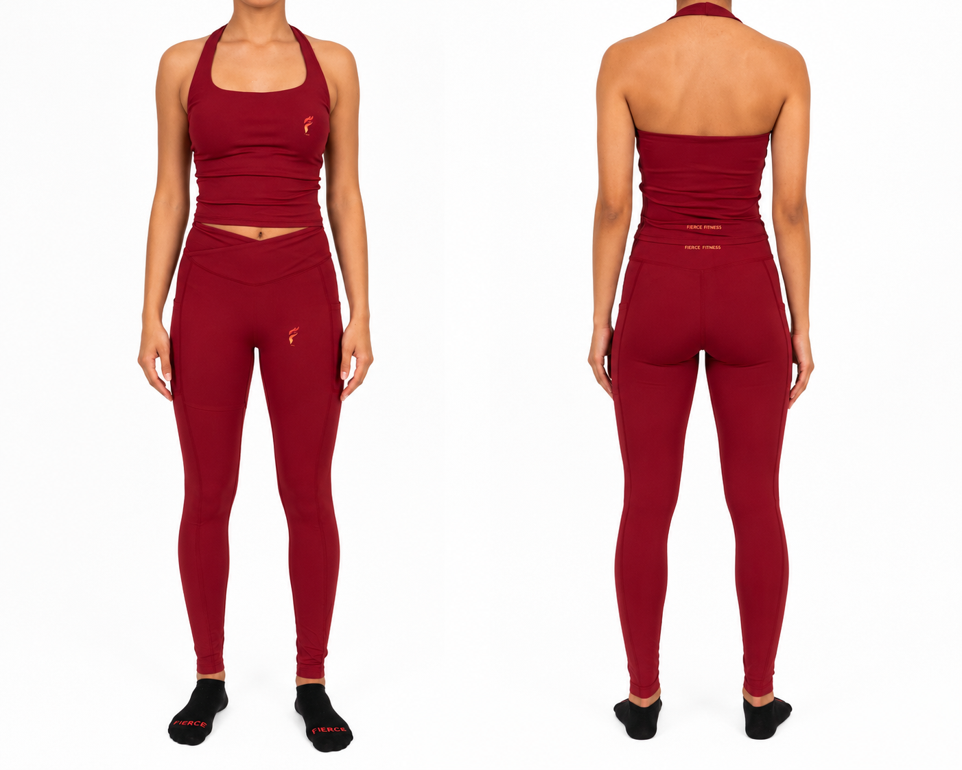 Front and back view of a person wearing a red workout set against a white background.