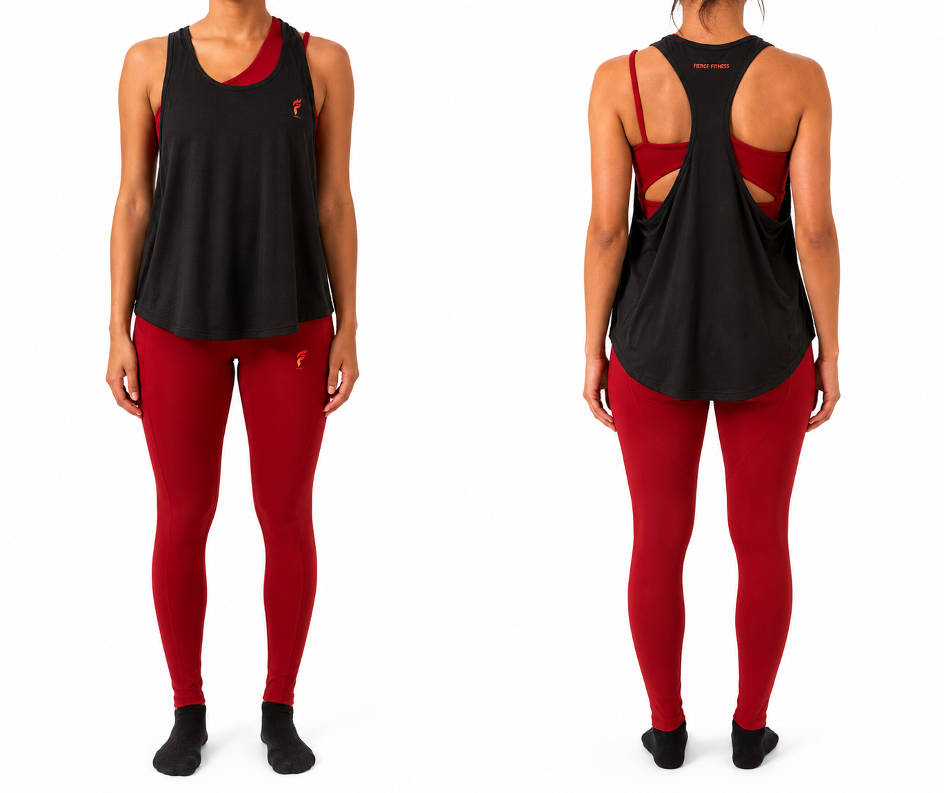 Front and back view of a person in red leggings and a black tank top against a white background