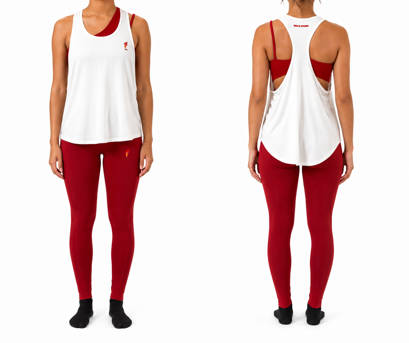 Front and back views of a model wearing a white sleeveless top and red leggings with black shoes.