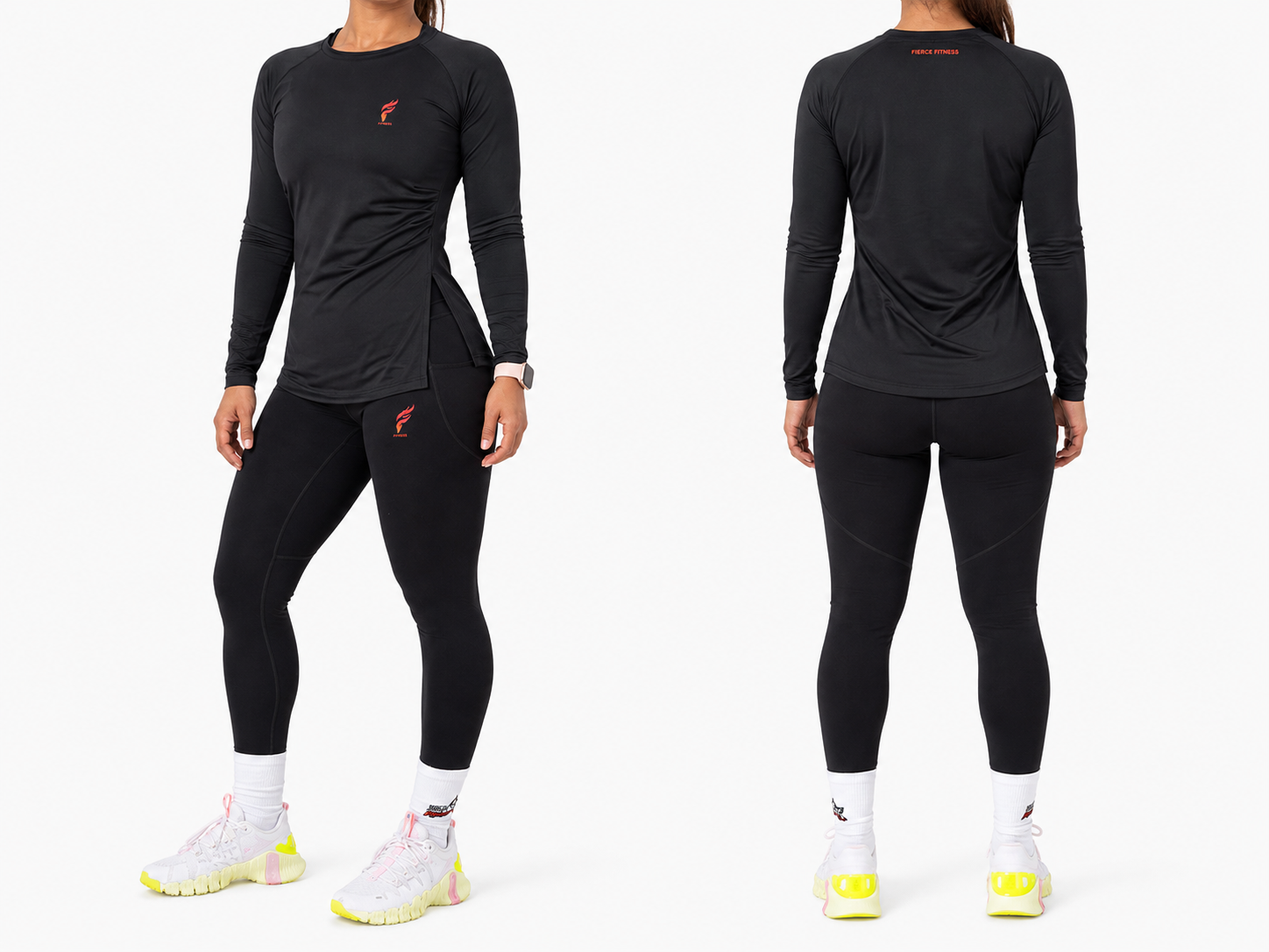 Model wearing black athletic outfit shown from front and back, with white sneakers.