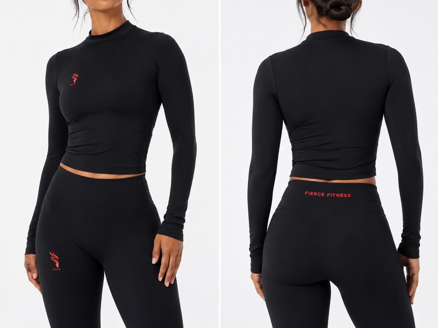 Black long-sleeve athletic top and leggings shown from front and back on a white background