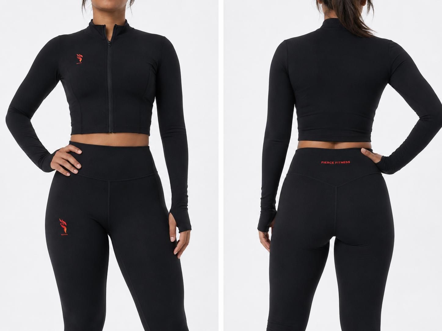Front and back view of a black long-sleeve crop top and leggings set on a model