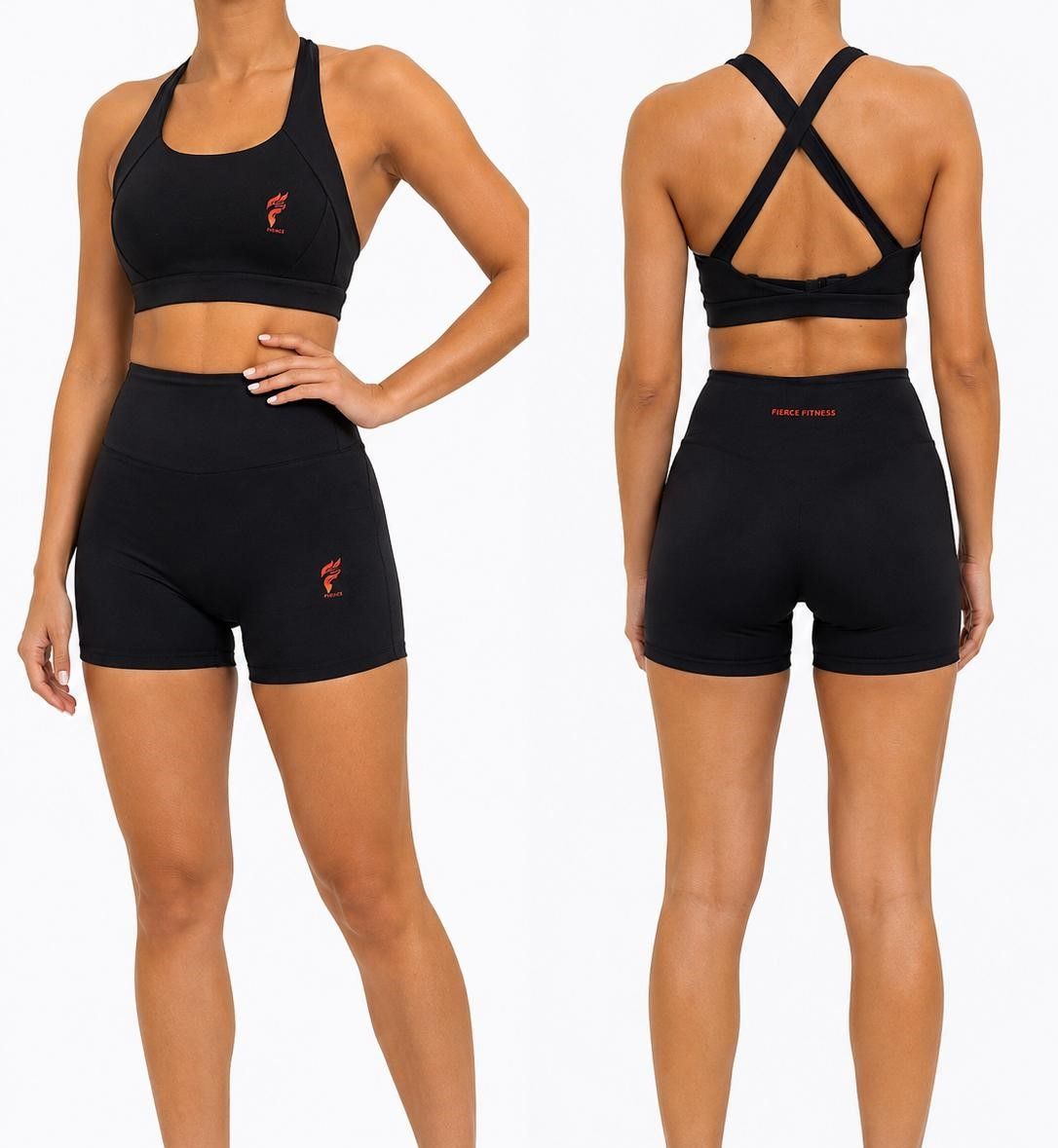 Black sports bra and shorts set shown front and back on white background.
