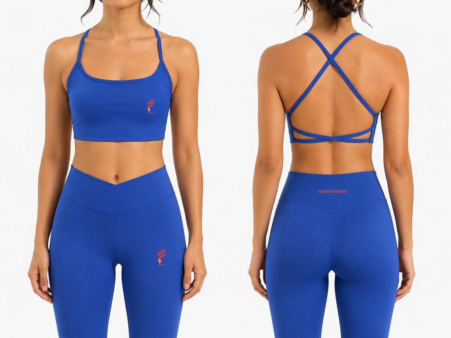Blue athletic crop top and matching leggings shown front and back on a model.