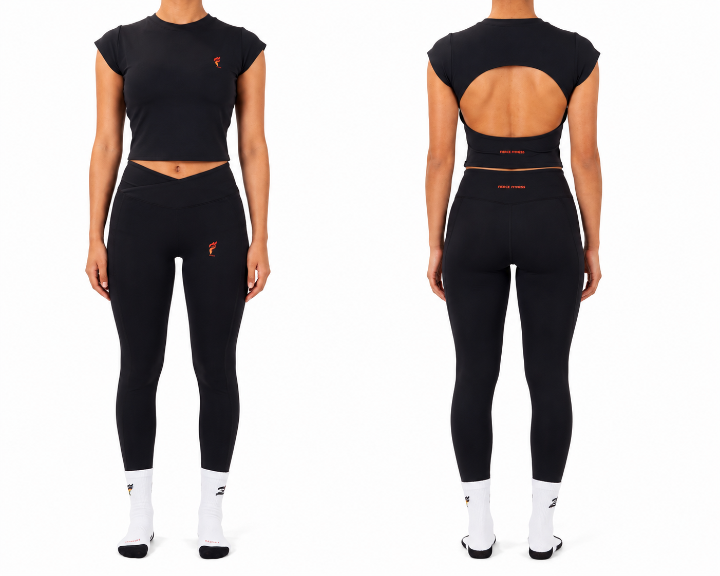Front and back views of a black athletic outfit with white socks on a plain white background