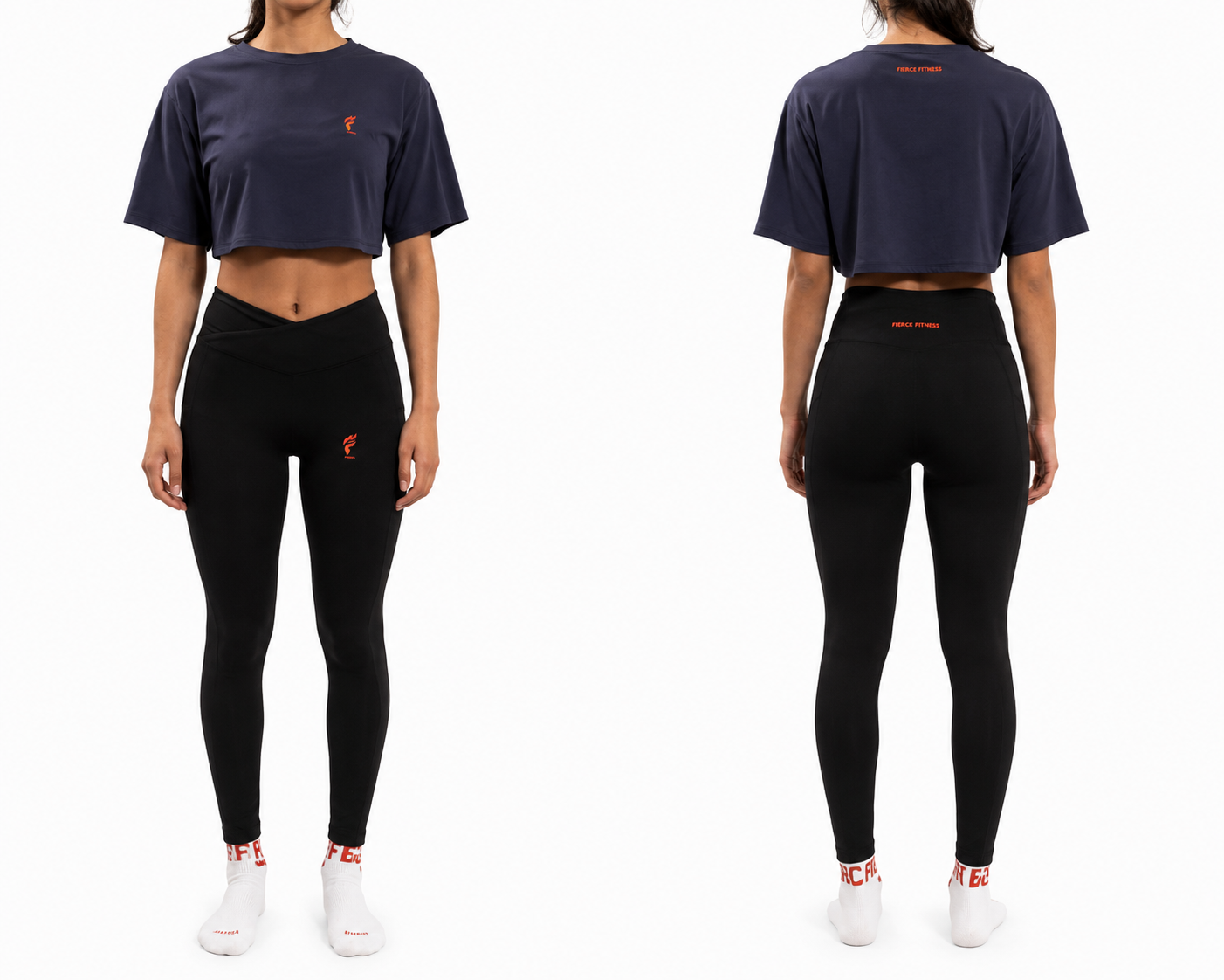 Front and back views of a model wearing a navy cropped T-shirt and black leggings on a white background