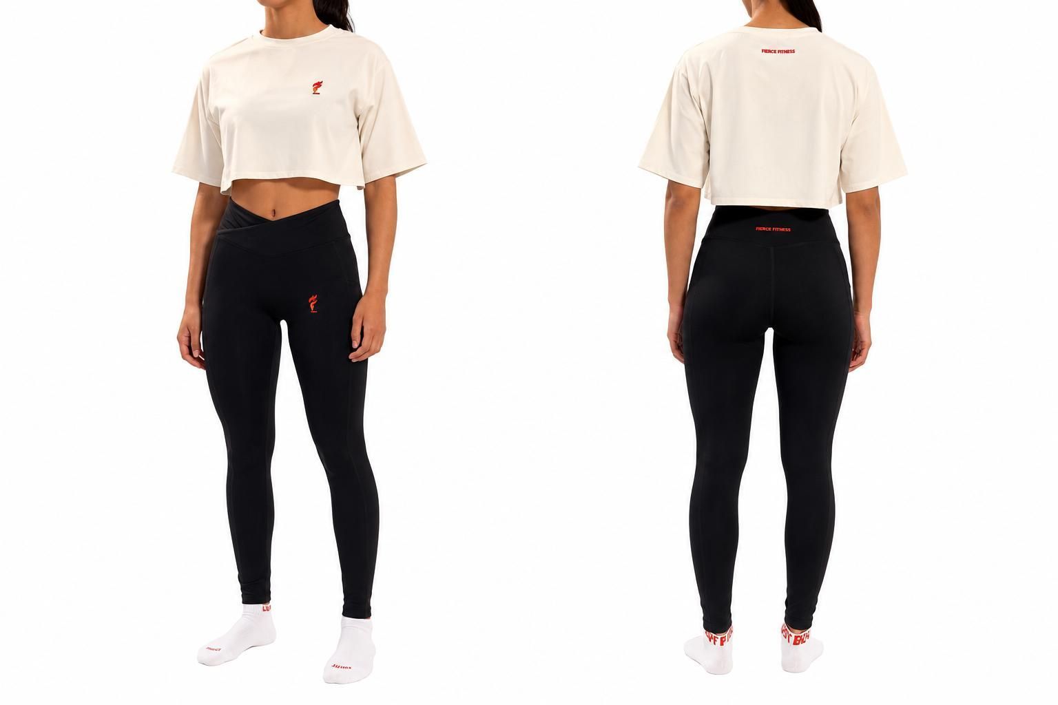 Model wearing beige cropped T-shirt and black leggings, shown front and back on a white background