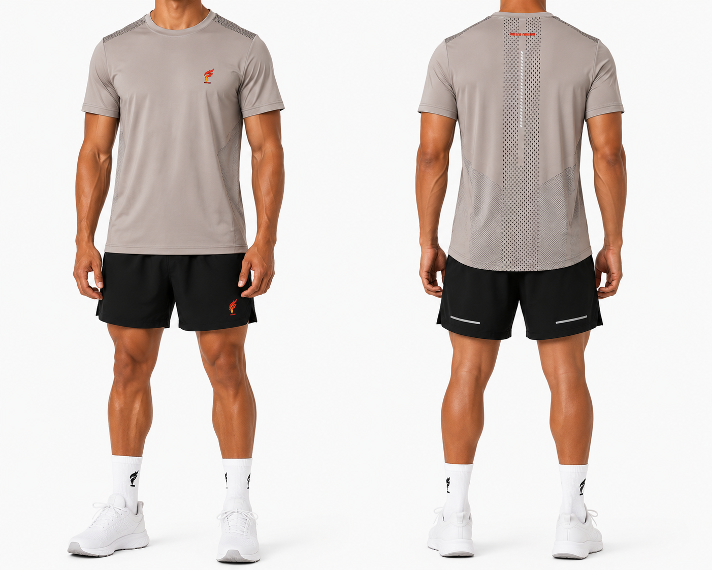 Front and back views of a gray athletic T-shirt with black shorts, white socks, and white shoes.