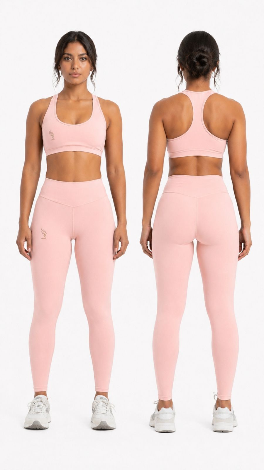 Front and back views of a pink sports bra and leggings set on a white background