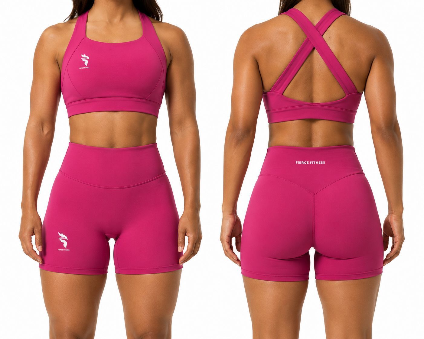 Front and back views of a woman wearing a pink sports bra and shorts set