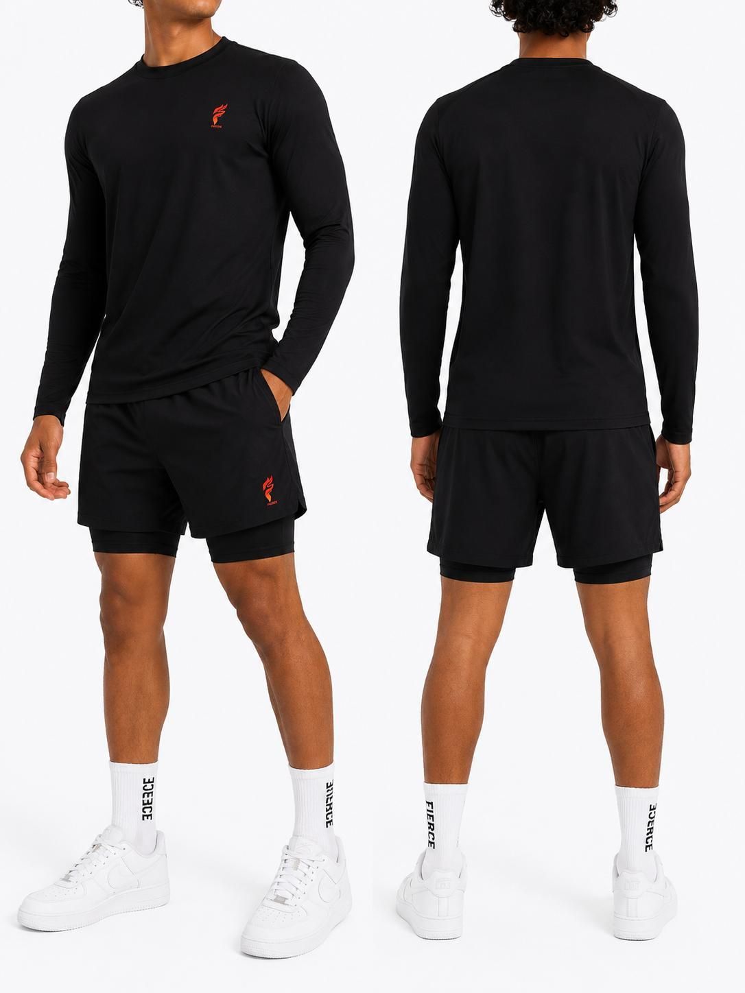 Black long-sleeve athletic shirt and black shorts shown from front and back, with white socks and sneakers.