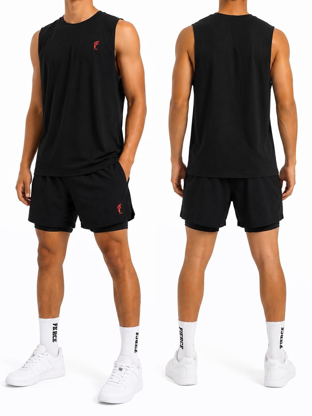 Front and back view of a man in black athletic tank top, shorts, white socks, and white sneakers.