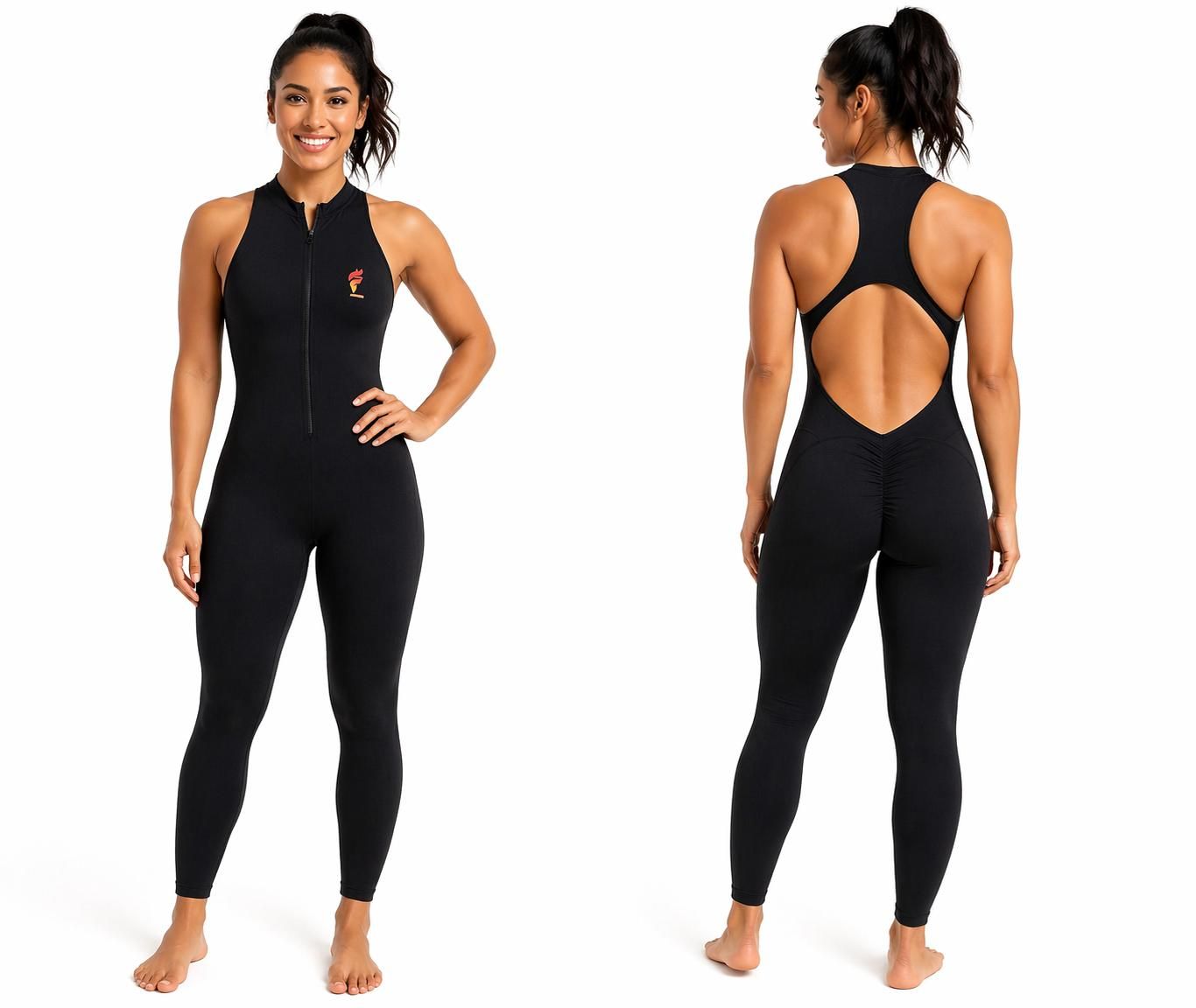 Woman modeling a black sleeveless workout jumpsuit, shown front and back, with open-back cutout details