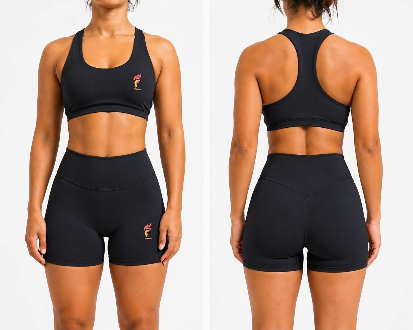 Black sports bra and fitted shorts shown front and back on a neutral background.