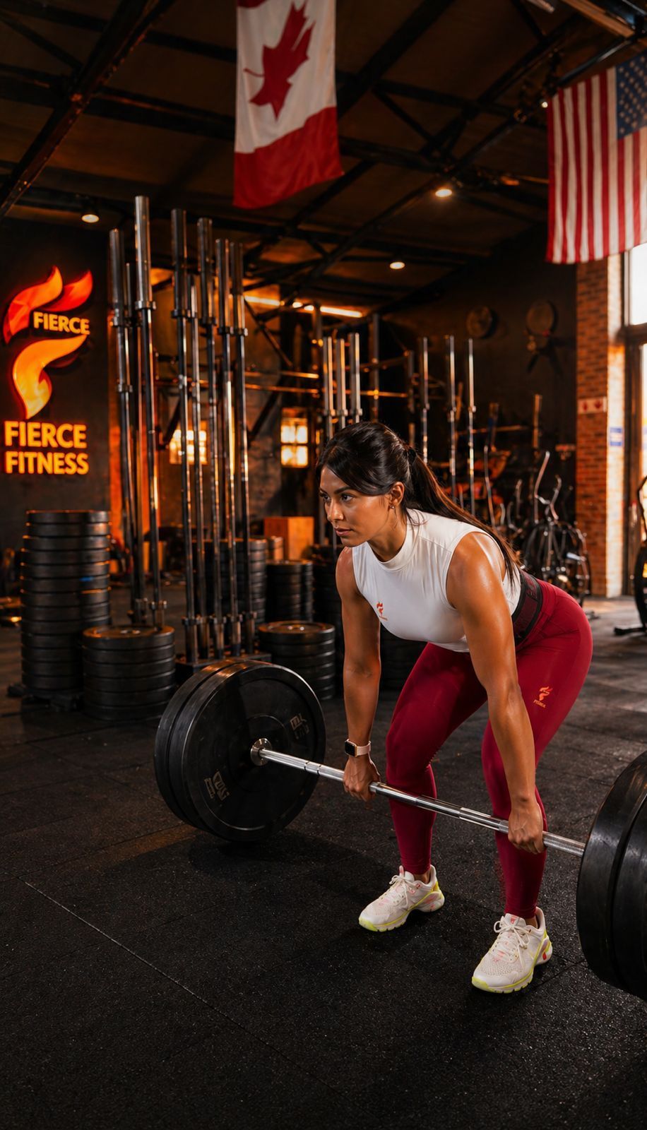 Person lifting a barbell in a gym with hanging Canadian and U.S. flags above.